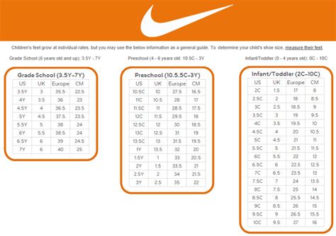 nike children's size chart